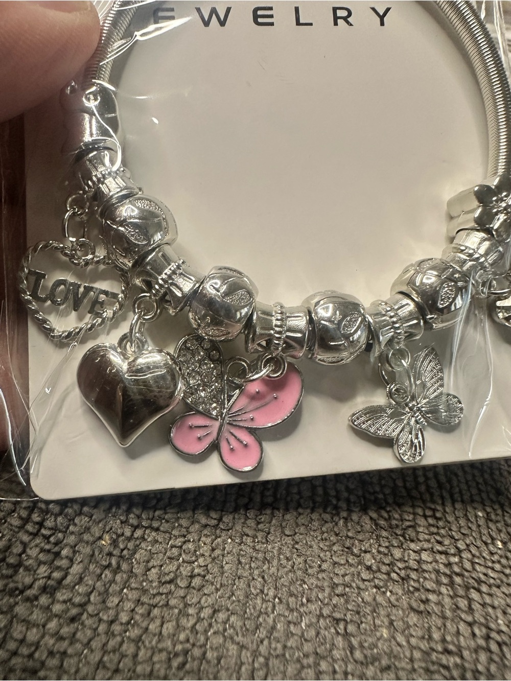 Butterfly Dsigns Silver Charm Bracelet with Pink Butterfly and Heart Accents